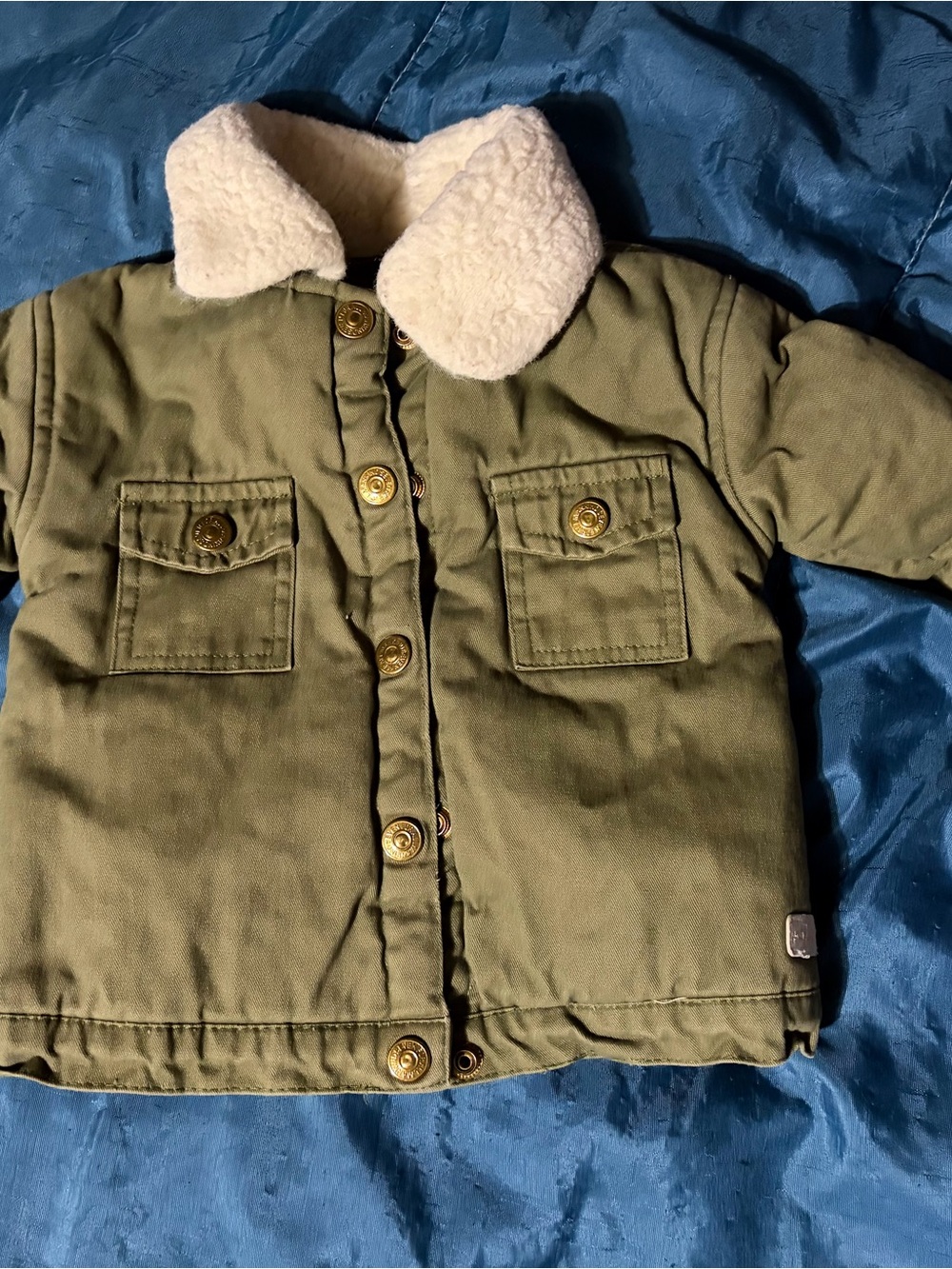 7 For All Mankind Olive Green Puffer Jacket with Cream Sherpa Collar